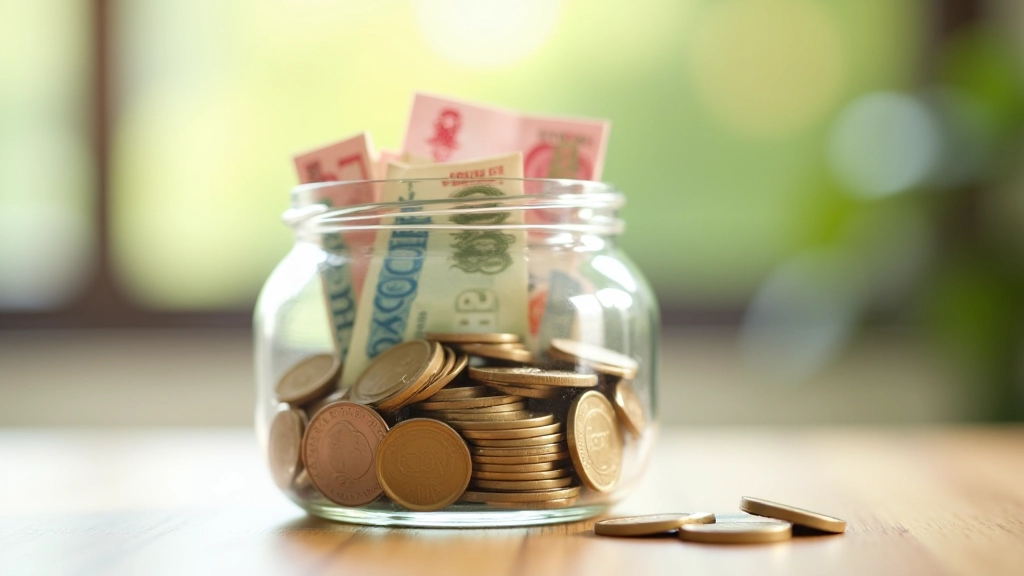 Savings jar filled with coins and bills representing emergency fund accumulation