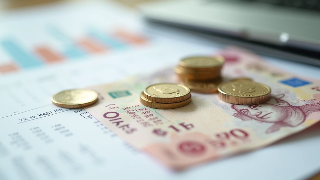 Close-up of Hong Kong currency notes and coins arranged on financial documents with pen