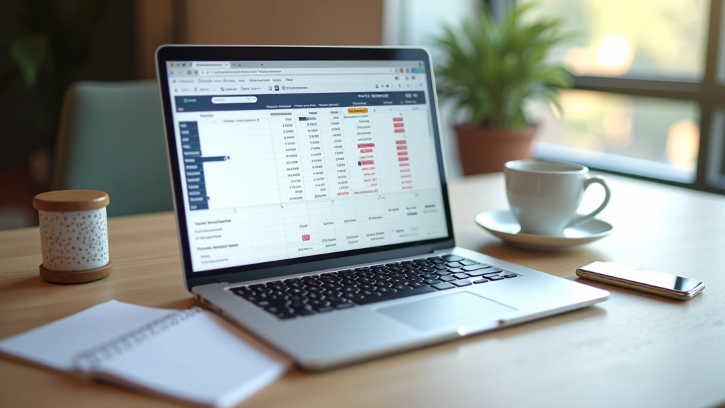 Spreadsheet with income and expense tracking on laptop screen with financial charts