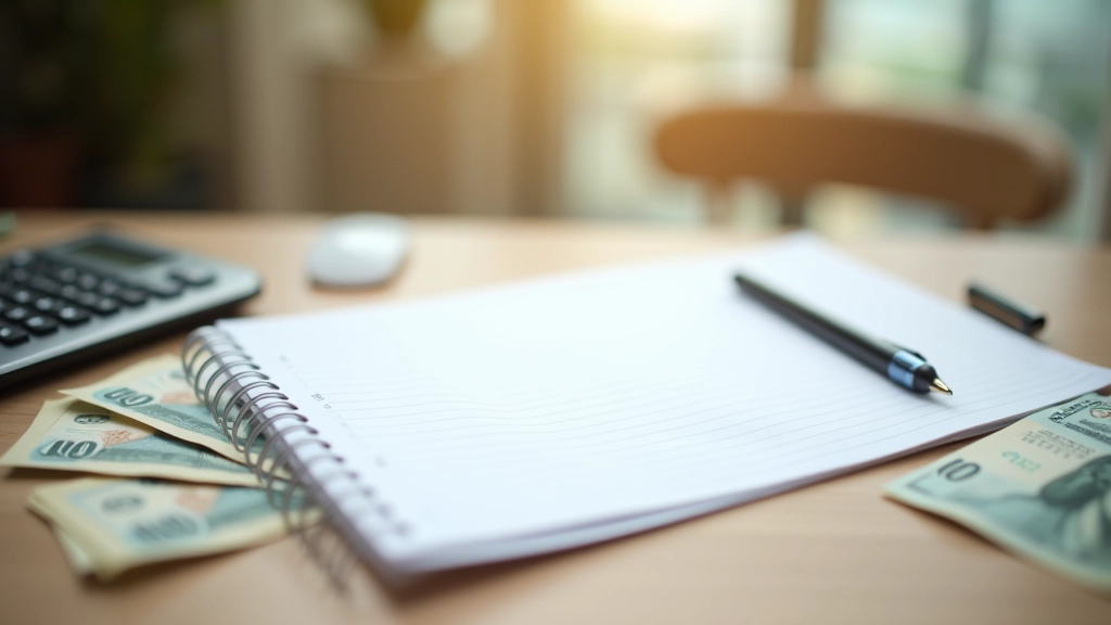 Notebook with financial planning notes and calculator on wooden desk with morning light
