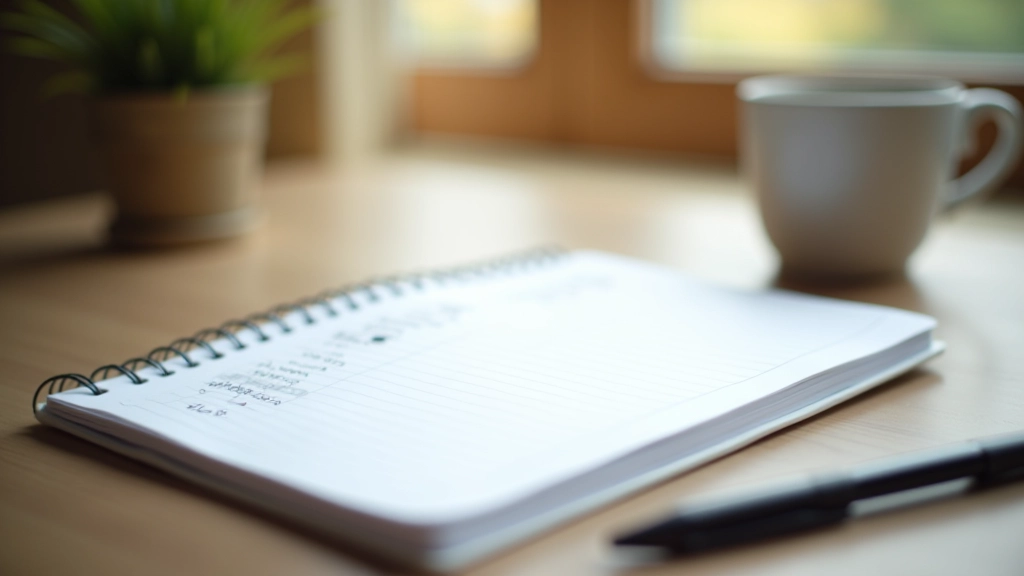 Open planner with handwritten budget notes, pen, and coffee cup on wooden desk
