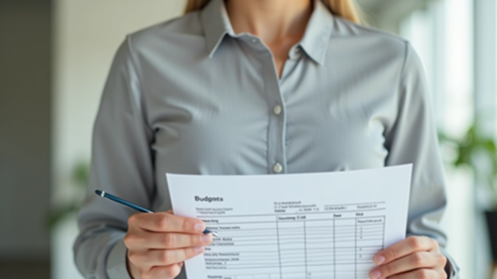 Hands holding budget tracking sheet with pen marking expenses and calculations