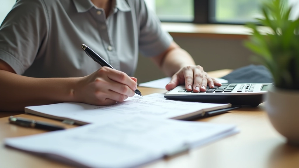 Person writing monthly budget calculations in notebook with calculator and financial statements visible