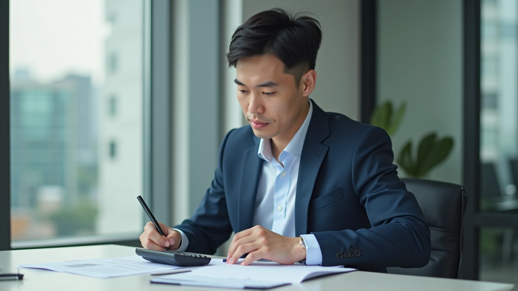 Person sitting at desk reviewing monthly expense report with calculator and notebook