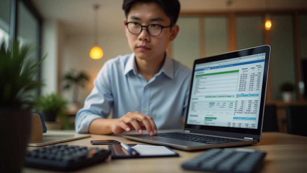 Person tracking personal budget with calculator and financial spreadsheet on laptop