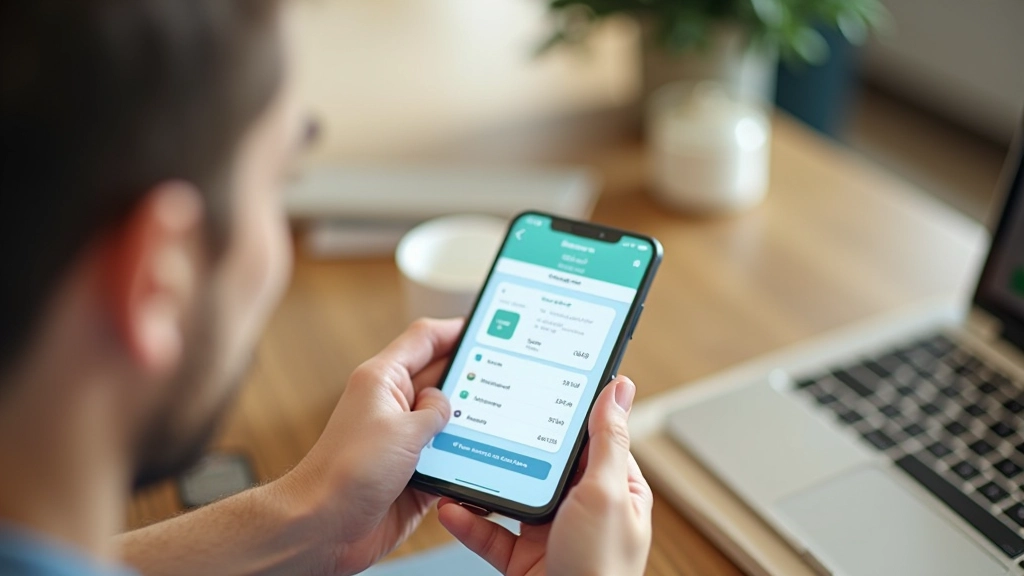Smartphone displaying bank app with savings account balance and interest rates on modern desk