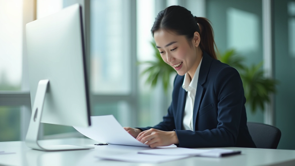 Professional woman reviewing financial documents at modern office desk with computer