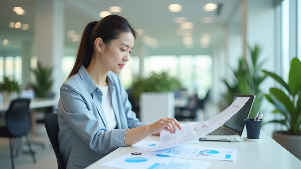 Financial professional reviewing budget and allocation charts at modern desk