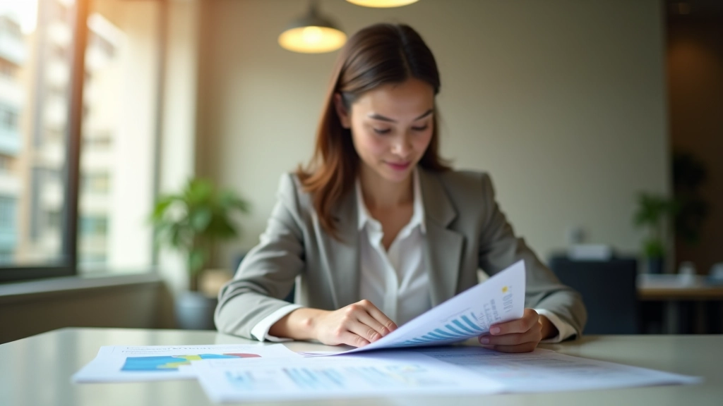 Professional woman reviewing financial documents at desk